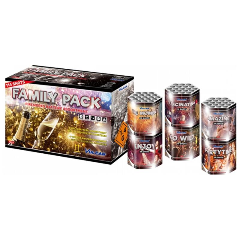 Family Six Pack siercakes - Vulcan Fireworks (114 schots / 1300 gram / 20mm tubes)